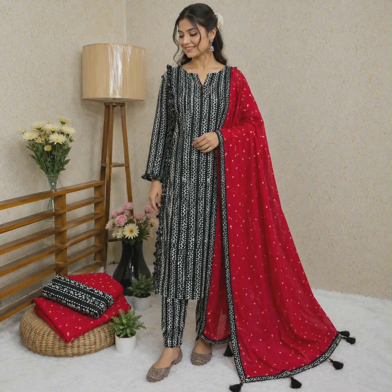 received_2158642434916993 Premium Cotton Three Piece with Tassel Dupatta for Women (Copy) - Image 1