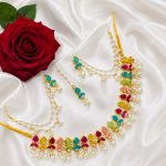 Gorgeous Pearl & Kundan Necklace Jewelry Set with Earrings & Maang Tikka.