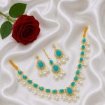 Gorgeous Sea Green Kundan & Pearl Jewelry Set with Earrings & Maang Tikka,.