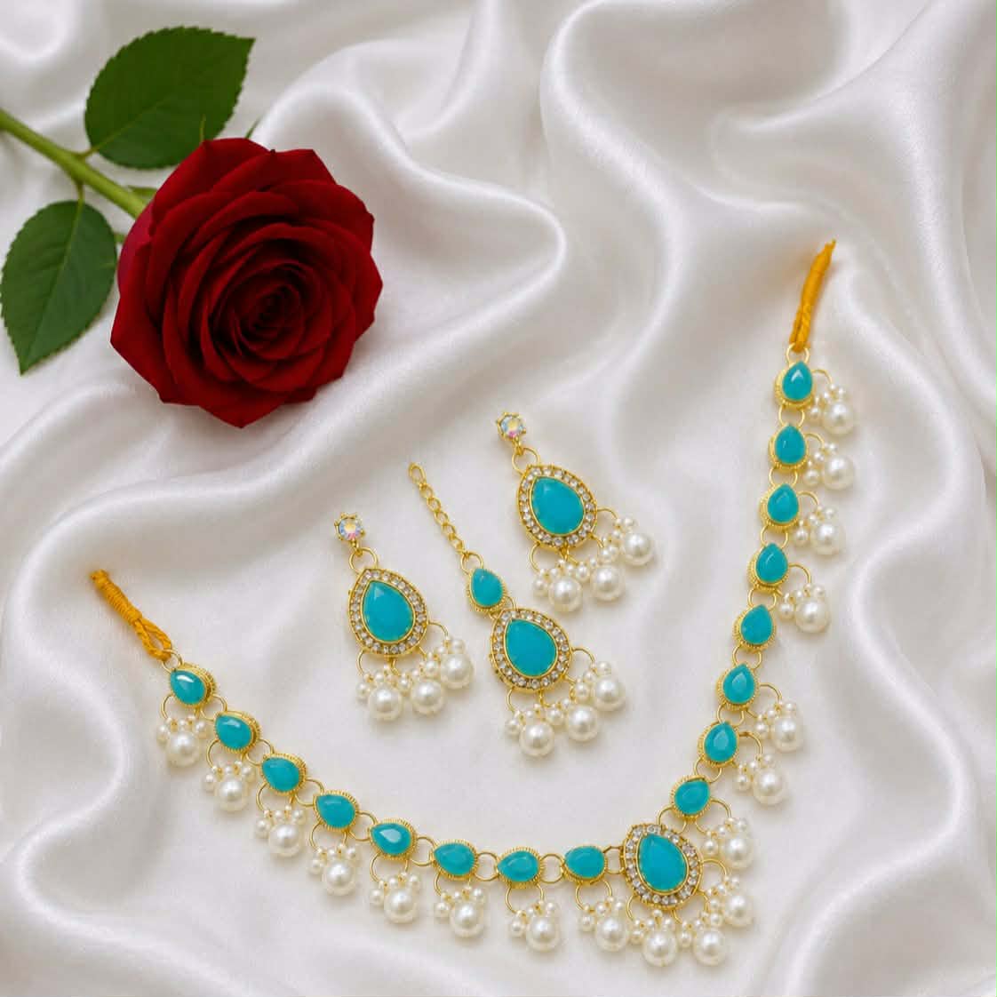 received_1066896992442140 Gorgeous Sea Green Kundan & Pearl Jewelry Set with Earrings & Maang Tikka,. - Image 1